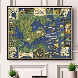 1928 Portland Maine Historic Vintage Style Pictorial Wall Map Art Print. Reproduction map.