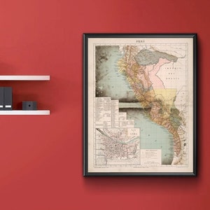 Map of Peru, 1885.  Vintage home Deco old wall reproduction map print.