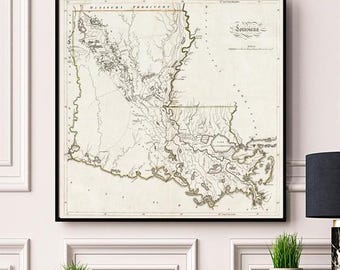 Louisiana Map Reproduction Print, Carey Antique Statehood Poster, War of 1812 New Orleans Wall Art