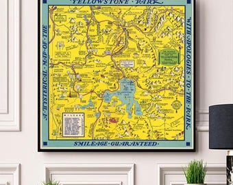 Reproducción de un mapa cómico del Parque Nacional de Yellowstone, póster vintage de Lindgren Brothers Hysterical Map, decoración antigua para la cabaña del géiser Faithful.
