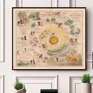 Pilgrim’s Progress Map Print (1850) – Road From City of Destruction to Celestial City Illustration – Vintage Christian Art Reproduction