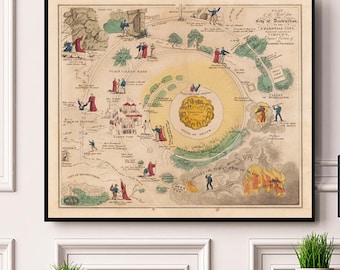 Pilgrim’s Progress Map Print (1850) – Road From City of Destruction to Celestial City Illustration – Vintage Christian Art Reproduction