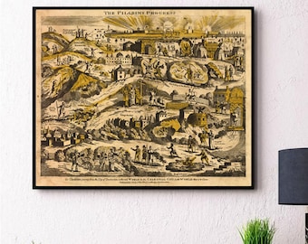Pilgrim’s Progress 1813 Map | John Bunyan Illustration Print | Vintage Christian Allegory Art | Antique Literary Map Reproduction