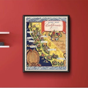 Carte des vins de Californie. Reproduction d'une carte murale vintage de style déco maison ancienne.