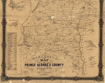 Map of Prince George's County Maryland, MD., 1861. Vintage Reproduction Print Promotional map Art Poster