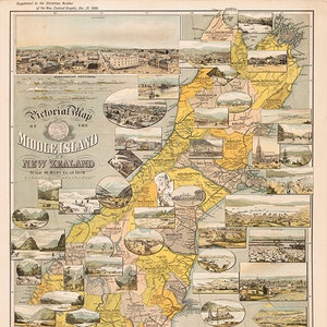 Carte de Middle Island, Nouvelle-Zélande, Australie - 1898, Restoration Hardware Home Deco Style Old Wall vintage Reprint.