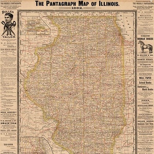 Pantagraph Karte von Illinois, IL, 1882. Restaurierung Hardware Home Deco Stil Alte Mauer Vintage Nachdruck.