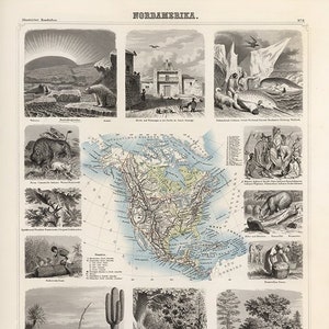 Mapa da América do Norte em 1863. Restauração de Hardware Estilo Home Deco Parede Velha Vintage Reimpressão