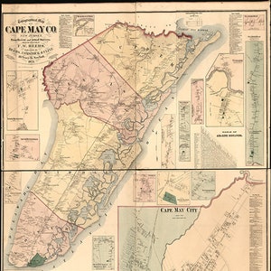 Carte du comté de Cape May, New Jersey 1872. vintage restauration de la maison Deco Style vieille carte de reproduction murale imprimer.