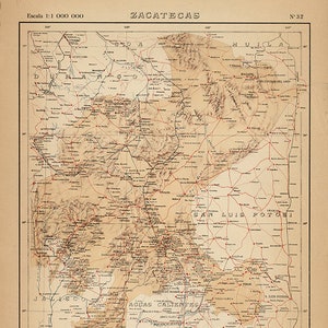 Mapa de Zacatecas, México, 1922. Impresión de reproducción de mapa de pared antiguo estilo Deco de casa de hardware de restauración vintage.