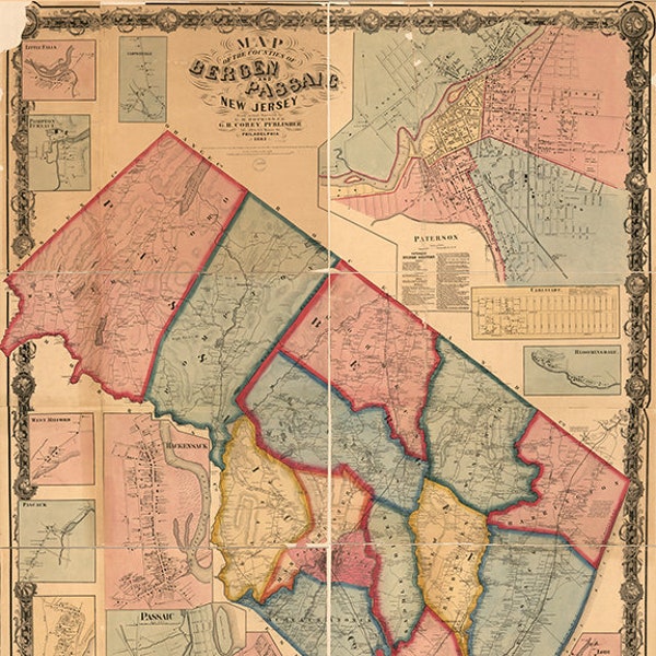 Map of Bergen and Passaic County, New Jersey NJ 1861.   Vintage restoration hardware home Deco Style old wall reproduction map print.