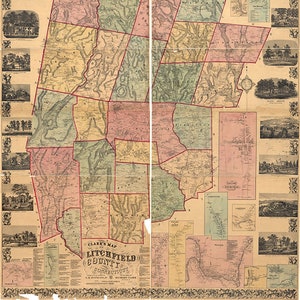 Karte von Litchfield County, Conneticut (CT.) 1859 Vintage Reproduktion Vogelperspektive Print-Karte.