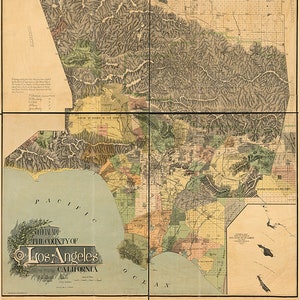 Carte officielle Los Angeles County, Californie CA 1888.  vintage restauration hardware maison Deco Style vieille carte de reproduction murale imprimer