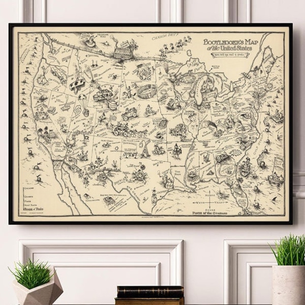 Illustrations Bootlegger's Map of the United States.  Pictorial Decorative Wall Print Poster Art Home Décor Wall Hangings