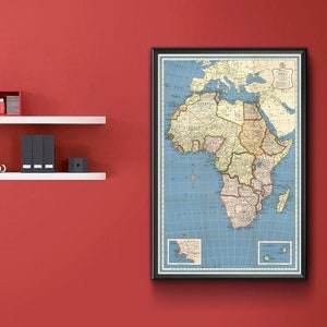 Map of Africa.  Vintage restoration hardware home Deco Style old wall reproduction map print.