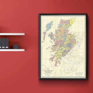 Carte des clans d'Écosse, 1822. Clans d'Écosse et des Highlands écossais - impression d'art de carte murale vintage Poster