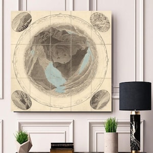 May include: A vintage illustration of a mountain range, printed on a canvas with a cream background. The illustration is divided into sections, with each section showing a different view of the mountain range. The illustration is surrounded by a circle, with the words "West" and "East" at the top and bottom of the circle.