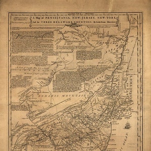 Karte von Pennsylvania (Pensilvania), New-Jersey, New-York und den drei Delaware Countys. 1752 Home Deco Stil Alte Mauer Reproduktion.