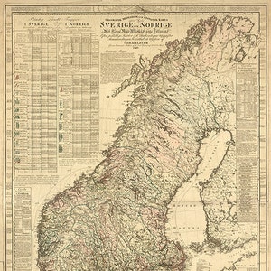 Zweden en Noorwegen Geografische, militaire en statistische kaart 1820. Vintage home deco-stijl oude muurreproductiekaart.