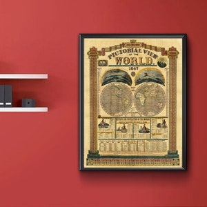 Bildliche Sicht der Welt 1847. Vintage home Deco Stil alte Wand Reproduktion Karte.