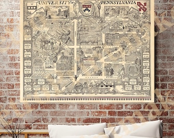 University of Pennsylvania Map Reproduction Print, Vintage UPenn Campus Pictorial Poster, Antique Franklin Field Palestra College Hall Art