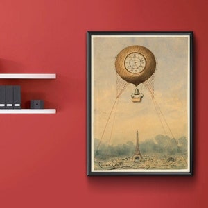 Ballon captif avec cadran d'horloge et cloche, flottant au-dessus de la Tour Eiffel, Paris, France - reproduction d'affiche d'art de montgolfière vintage.