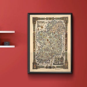 Story Map de Irlanda - Mapa pictórico de Irlanda. Mapa de pared de decoración del hogar de reproducción vintage