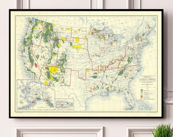 National Forests State Forests National Parks National Monuments and Indian Reservations 1936. Historic Forest Service Wall Art Reproduction