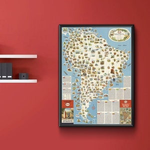 Pictorial Map of the South America. Vintage home Décor Style old wall reproduction