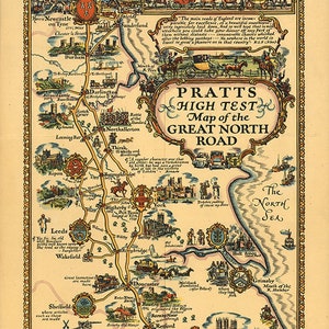 Historische kaart: Pratts High Test-kaart van de Great North Road. 1932. Vintage reproductie woondecoratie oude muurkaart.