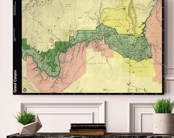 Grand Canyon National Park Map Reproduction Print, Official NPS Vintage Arizona Poster, Antique Colorado River Wall Art