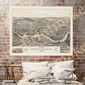 Mapa de Watertown, condado de Middlesex, Massachusetts, 1879. Impresión de mapa antiguo de estilo Art Déco, restaurado por una ferretería vintage.