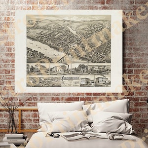1886 Frenchtown New Jersey Birds Eye View Reproduction Print, Vintage Hunterdon County NJ Map Poster, Antique Delaware River Wall Art