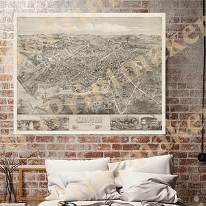 Mapa Milford, hrabstwo New Haven, stan Connecticut, CT z 1882 r. Stara reprodukcja mapy na ścianie, wydruk w stylu art déco, wykonana z zabytkowych materiałów do renowacji.