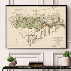 Kaart van Rock Creek Park, Washington, D.C. 1933.  Vintage huis Deco Stijl oude muur reproductie kaart print.