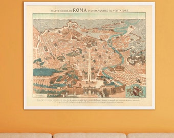 Vintage Rome Italy Tourist Map Reproduction Print, Antique Pianta Guida di Roma Poster, Italian City Wall Art