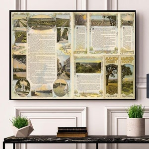 Map of Alameda County, California. 1914.  Vintage home Deco Style old wall reproduction map print.