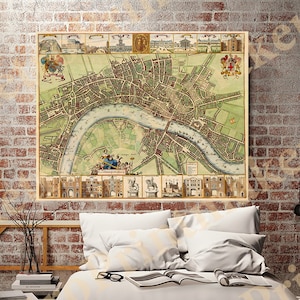 Historic 17th century map of London by W.Hollar.  Restoration Hardware Home Deco Style Old Wall Map. Vintage Reproduction