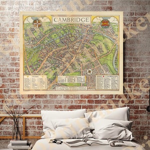 Map of Cambridge, UK.  Restoration Hardware Home Deco Style Old Wall Map. Vintage Reproduction