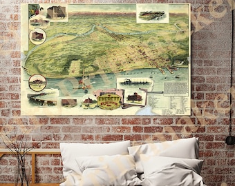 Map of Everett, Snohomish Co., Washington 1893  Reproduction Vintage Bird's eye view Map.  Available in different size.