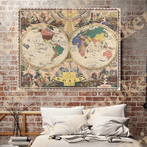 The new map of the World.  1928. Vintage restoration hardware home Deco Style old wall reproduction map print.