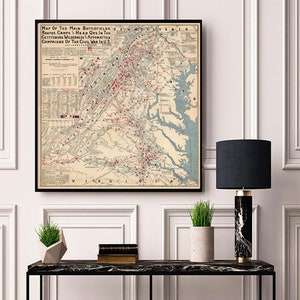 Mapa de los principales campos de batalla, rutas, campamentos y cabeza qrs., en el Gettysburg, Wilderness of the Civil War en U.S. Reproducción Vintage Map