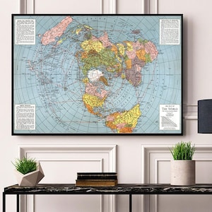 Polar Azimuthal Equidistant Projection. Flat Earth Map. 1943 WWII Wall Map Poster Print. Vintage Reproduction Map