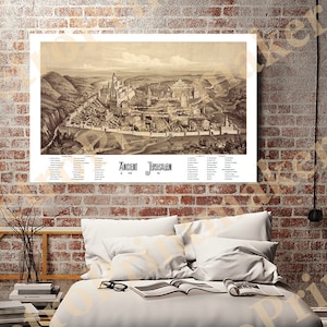 Map of Jerusalem, the ancient city, with Solomon's Temple, 1871.  Vintage home Deco Style old wall reproduction map print.