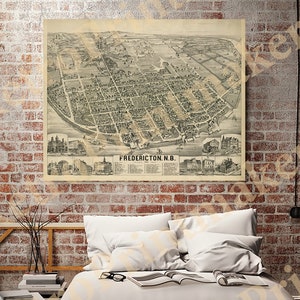 Map of Fredericton, New Brunswick, Canada in 1882.  Reproduction Vintage Bird's Eye View Map.