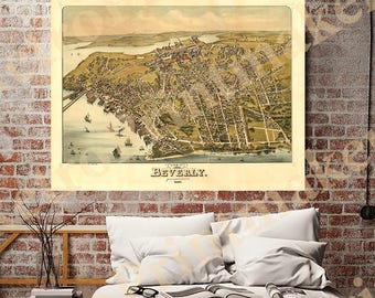Map of Beverly, Essex County, Massachusetts (MA.) 1886. Restoration Hardware Home Deco Style Old Wall Map. Vintage Reproduction.