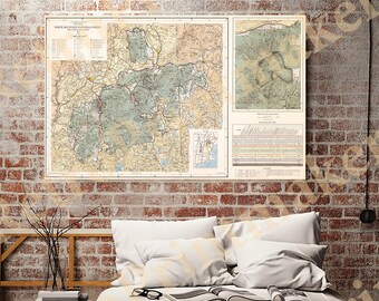 White Mountain National Forest, New Hampshire-Maine, 1967.  Vintage restoration hardware home Deco Style old wall reproduction map print.