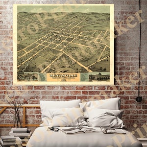 Map of Huntsville, Madison County, Alabama AL., 1871.  Vintage restoration hardware home Deco Style old wall reproduction map print.