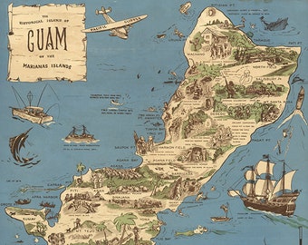 Map of Guam.   Restoration Hardware Home Deco Style Old Wall Vintage Reprint.