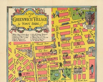 Map of Greenwich Village, New York.  Restoration Hardware Home Deco Style Old Wall Map. Vintage Reproduction